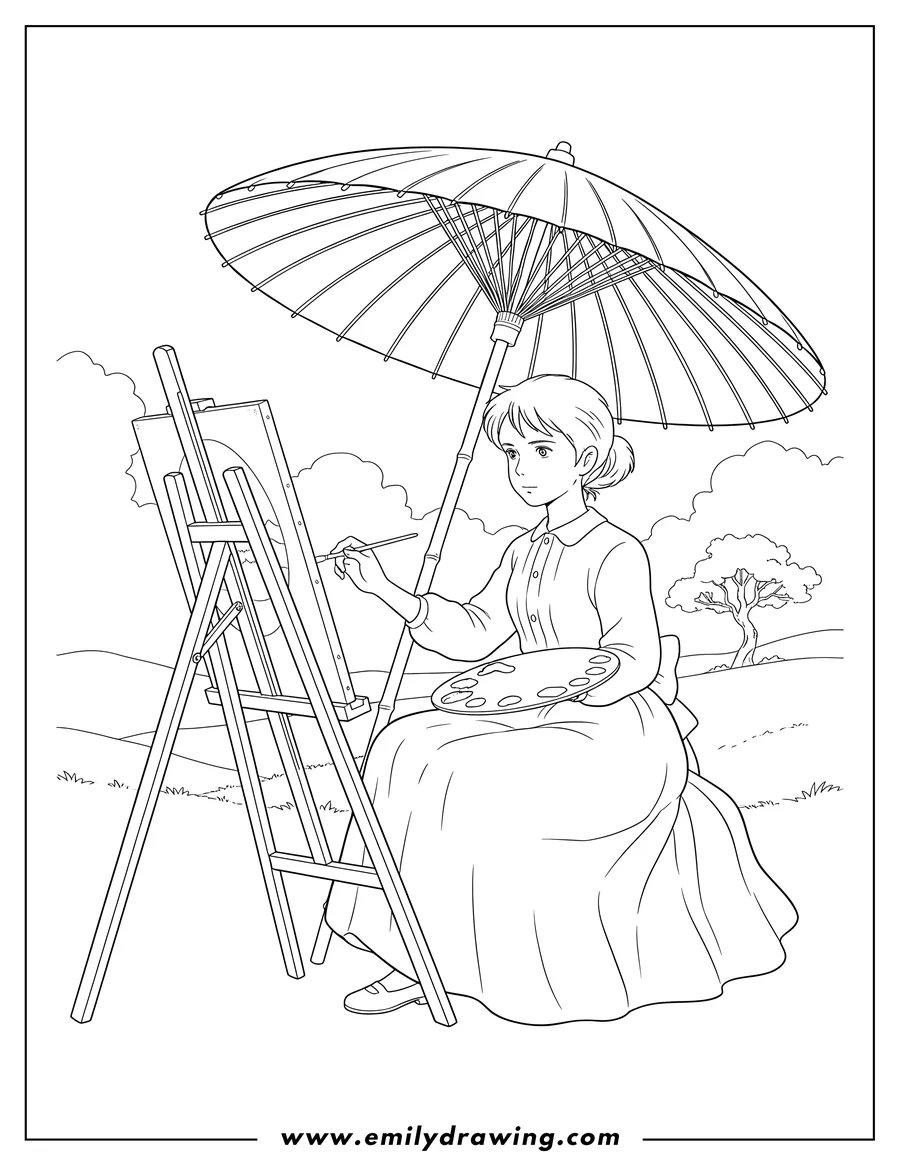 Simple sketch of studio Ghibli Wind Rises Nahoko Satomi painting with an easel and palette under an umbrella to color