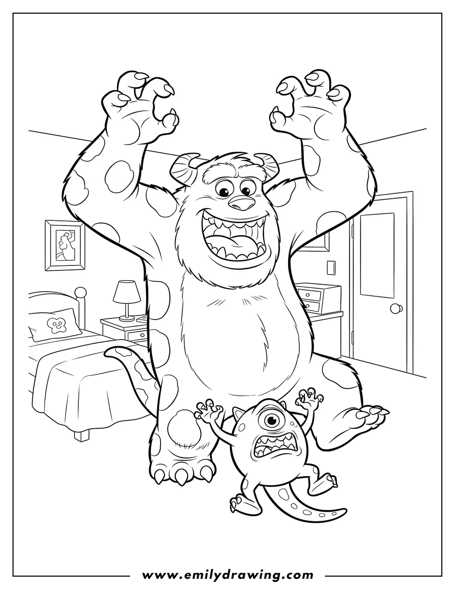 Doodle style coloring picture of sullivan Scaring Scaled, roaring with wide-open mouth and raised arms