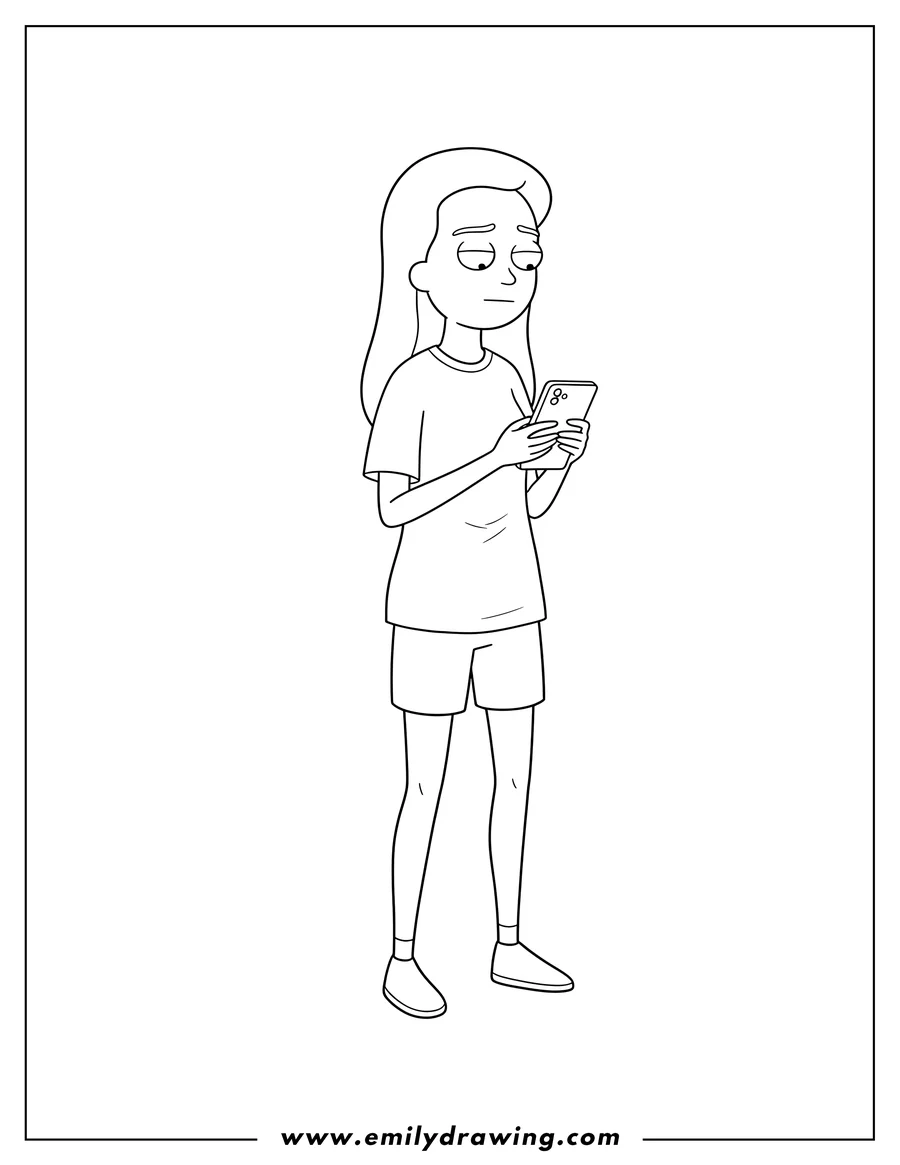 Doodle style coloring picture of summer From Rick And Morty Scaled, holding a smartphone