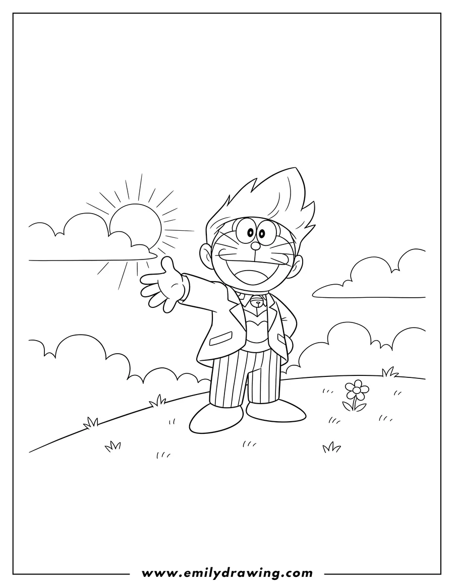 Printable coloring page of suneo Honekawa smiling, standing on a hill with one arm extended forward and the other behind his back