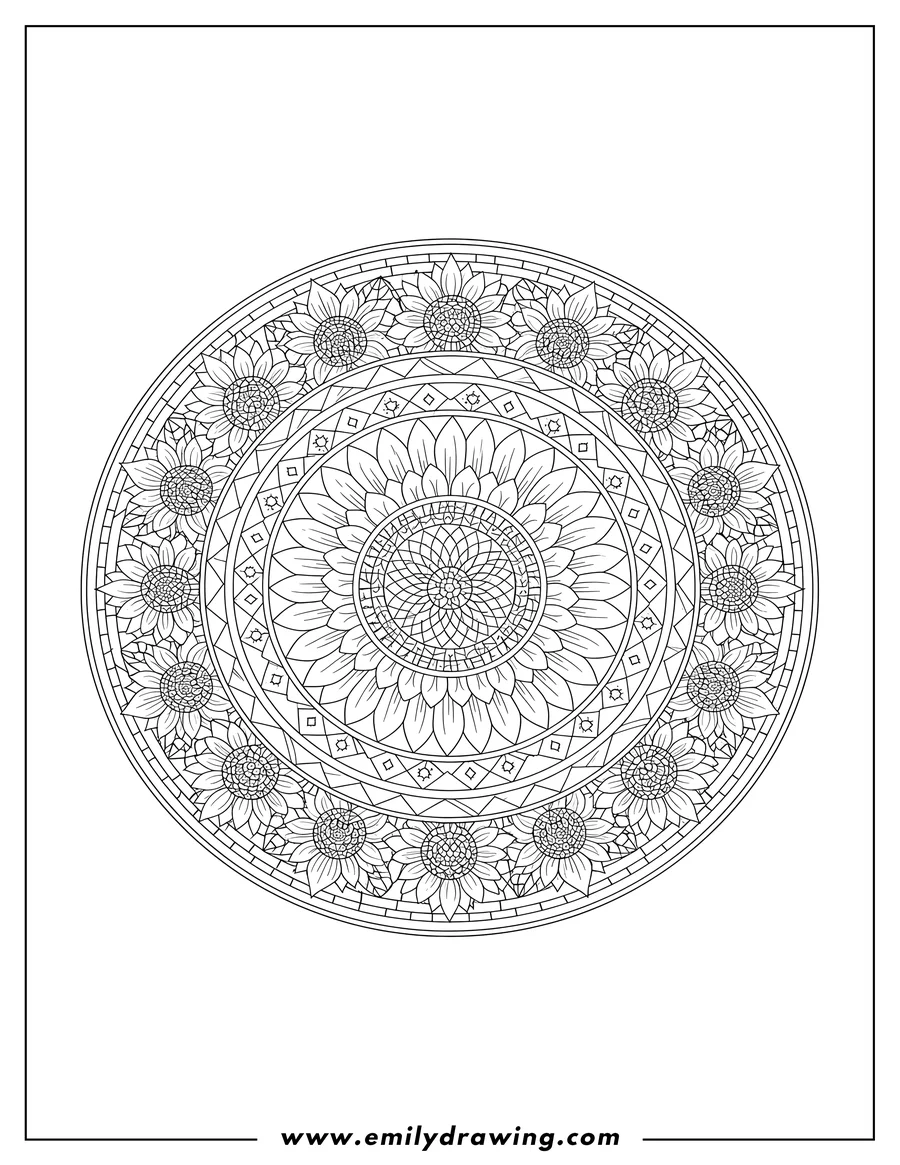 Downloadable coloring page of sunflower Mosaic mandala