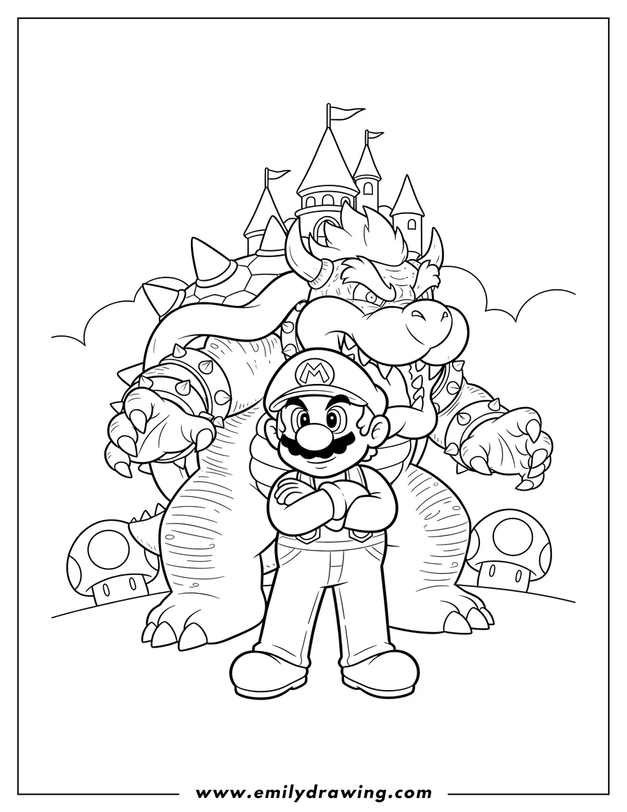 PDF style coloring page: super Mario and Bowser, Mario with crossed arms, Bowser roaring behind him