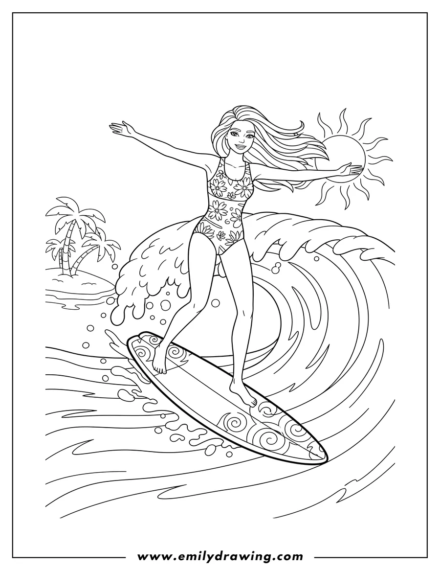 Printable coloring page of surfer Barbie riding a wave on a surfboard with arms outstretched, coloring page