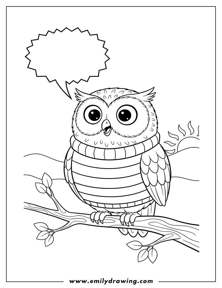 Linear illustration of surprised Owl Perched On Tree wearing a striped sweater with a speech bubble saying 'SURPRISED'