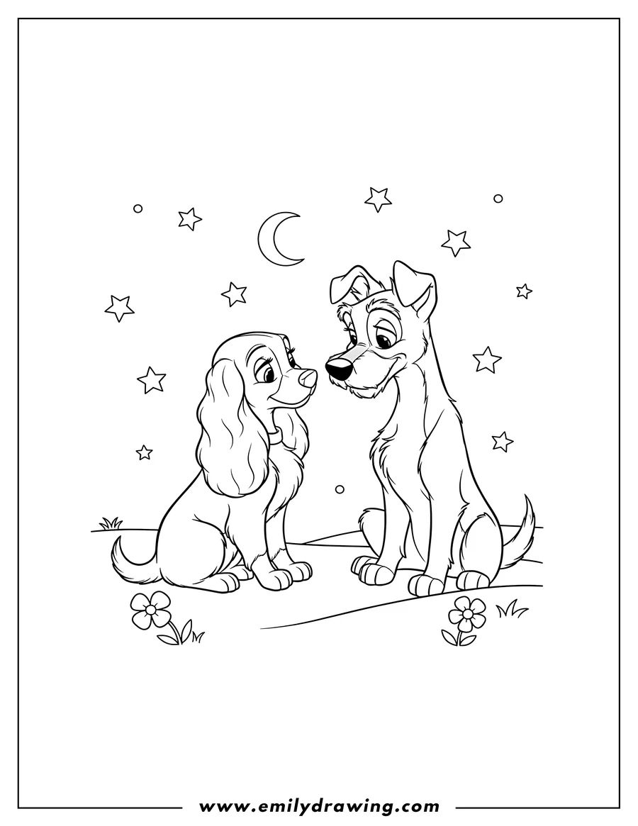 Simple sketch of sweet Lady And Tramp cuddling and looking at each other lovingly under stars to color
