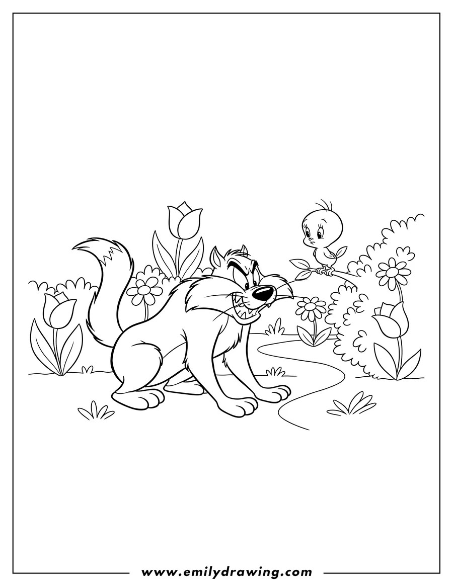 Coloring sheet featuring sylvester looking menacingly at Tweety in a garden