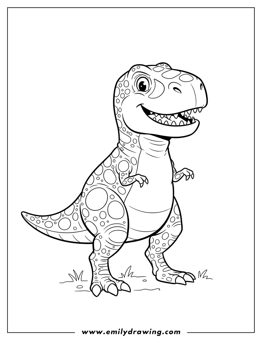 Coloring sheet featuring T Rex With Little Arms To Color Scaled, standing and smiling