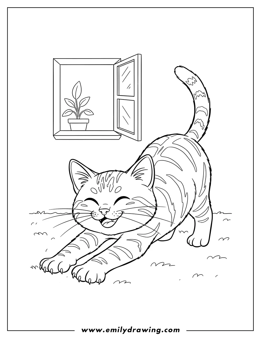 Full page coloring image of tabby Kitten Stretching With Smile, front paws extended