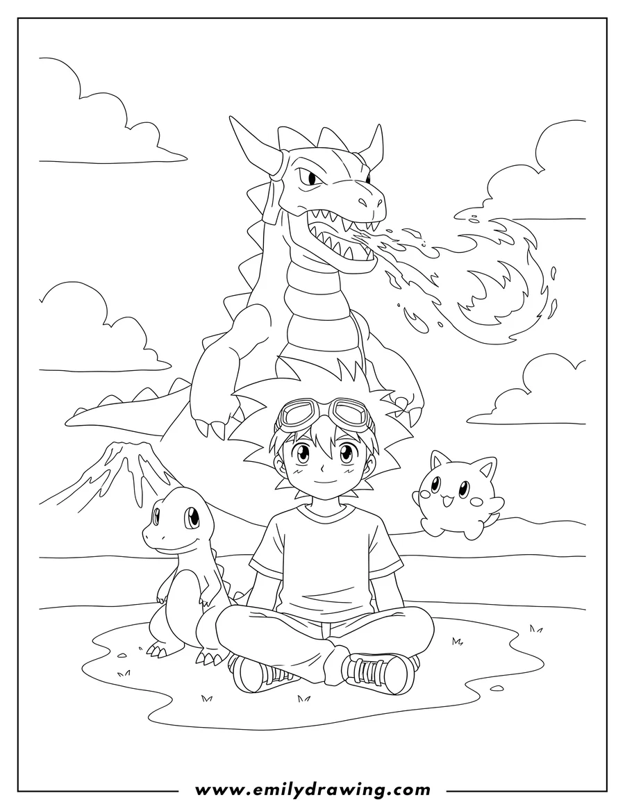 PDF style coloring page: tai Kamiya sitting peacefully with Agumon and Koromon, as Greymon breathes fire