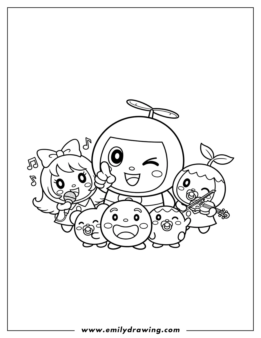 Vector style outline of tamagotchi Mametchi winking and pointing, Lovelin singing into a microphone, Chamametchi playing violin, Kuchipatchi and friends gathered happily
