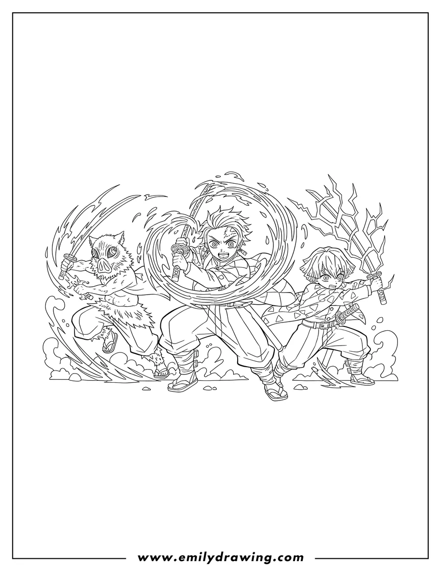 PDF style coloring page: tanjiro Kamado Fighting Alongside Zenitsu Agatsuma And Inosuke Hashibira in dynamic fighting poses, wielding their swords with breathing style effects