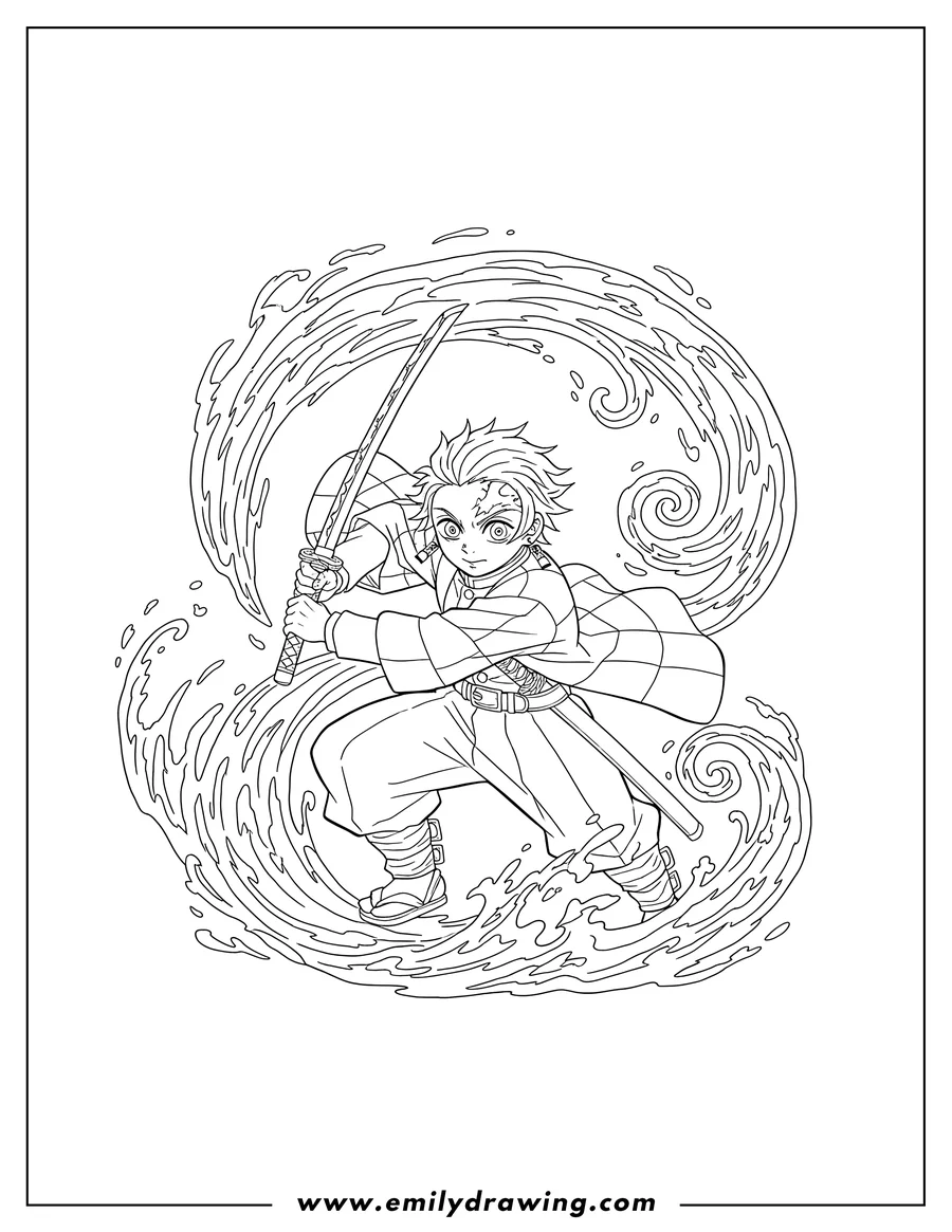 Full page coloring image of tanjiro performing Constant Flux Technique, lunging with his sword amidst swirling water