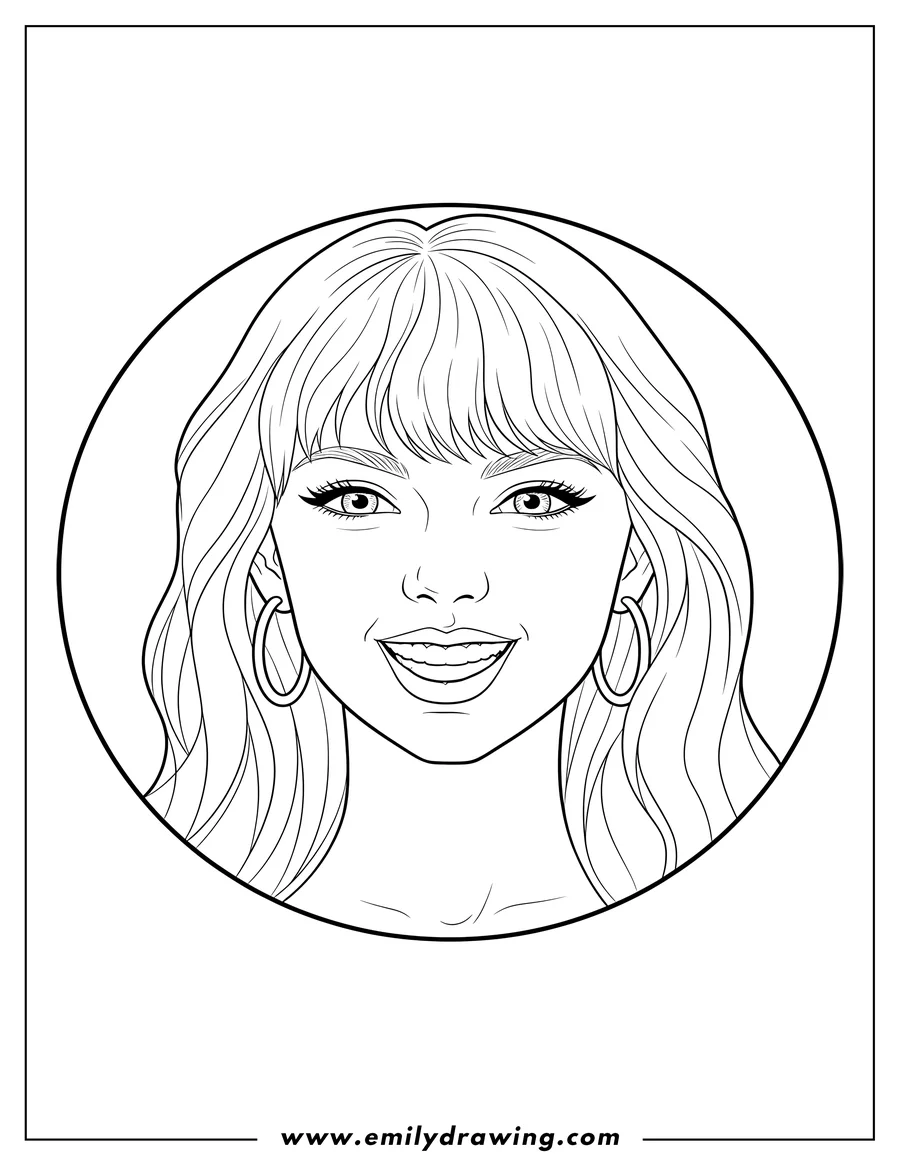 Downloadable coloring page of taylor Swift's face with bangs and earrings, smiling, for preschoolers