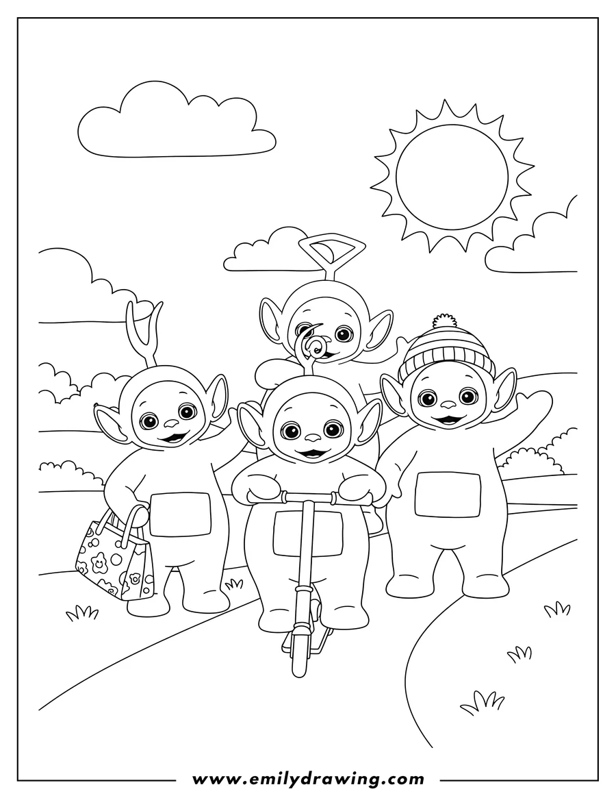 Coloring page of teletubbies Dipsy Laa Laa Tinky Winky And Po, with Po on a scooter, Laa Laa holding a bag, and Dipsy wearing a hat