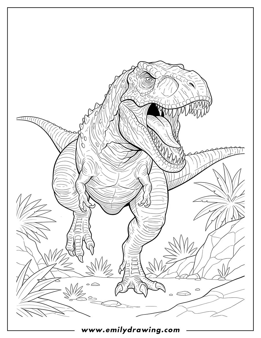 Doodle style coloring picture of terrifying Indominus Rex snarling, in a dynamic pose
