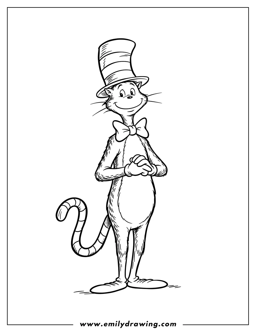 Doodle style coloring picture of the Cat in the Hat standing with hands clasped