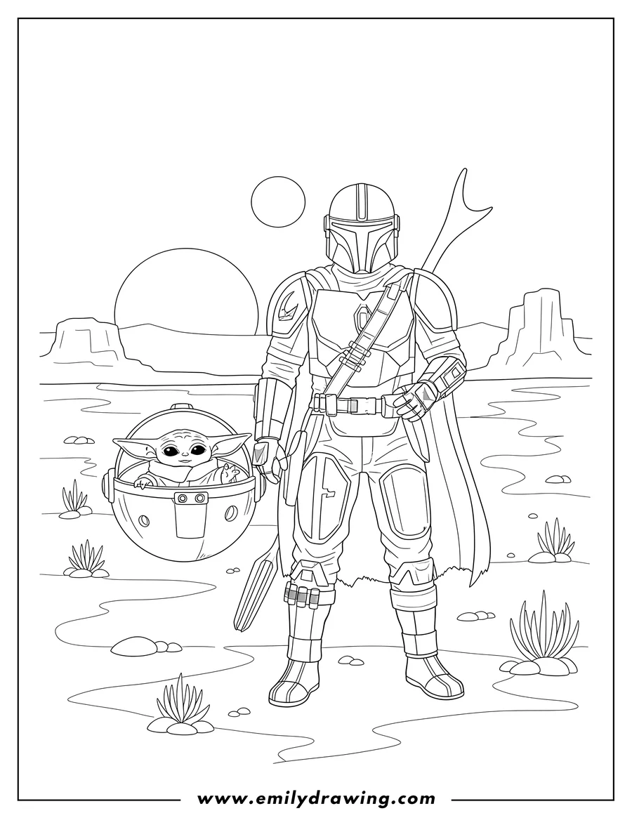 Coloring page for kids: the Mandalorian standing with his staff, and Baby Yoda in his floating pram