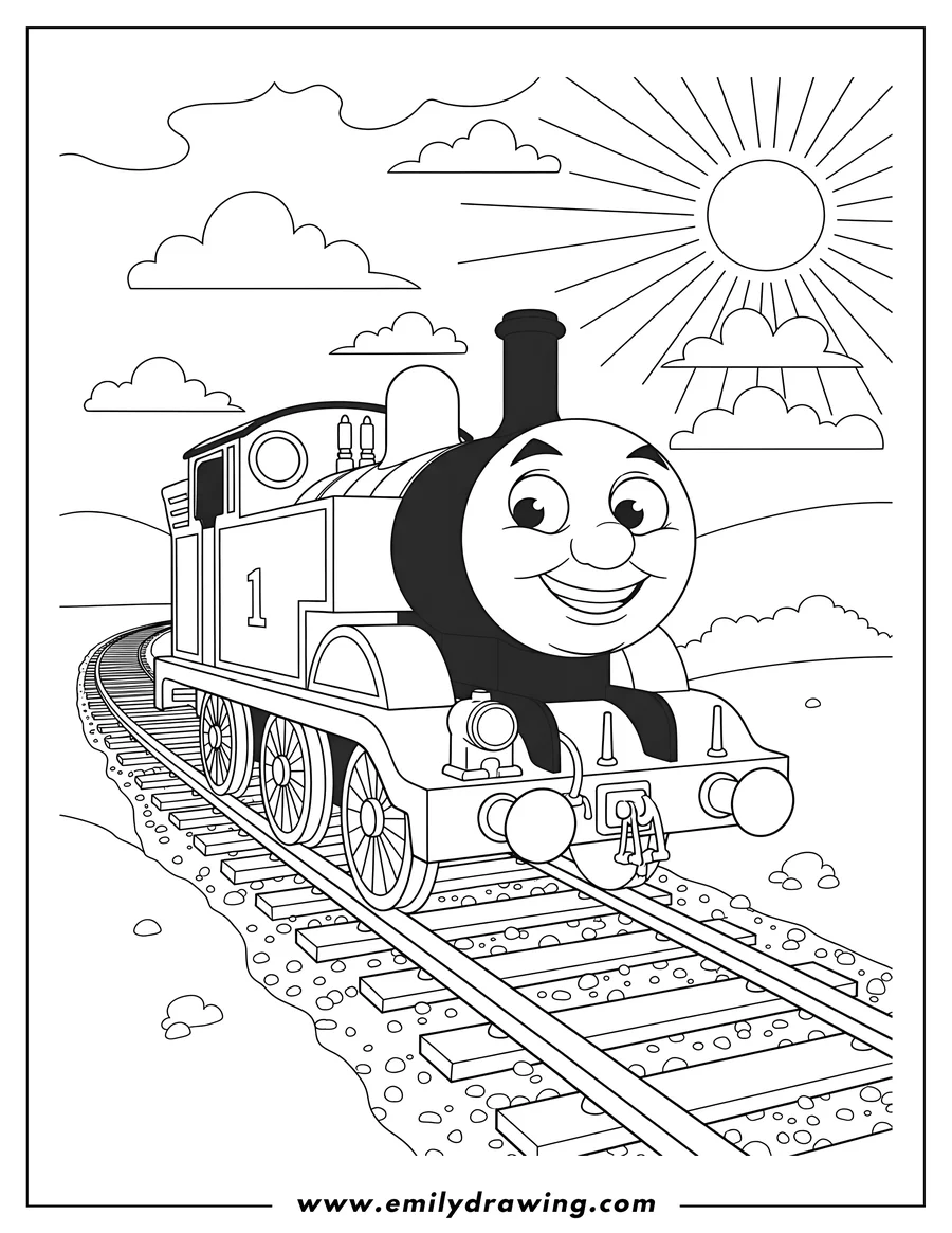 Black and white line art of thomas And Friends Scaled, smiling on railway tracks