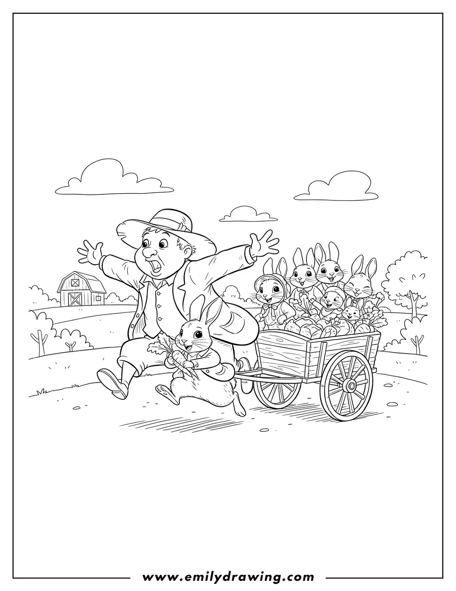 Clean line drawing: thomas Mcgregor running with outstretched arms, chasing Peter Rabbit holding carrots, with Flopsy Mopsy Cotton Tail and friends in a wagon