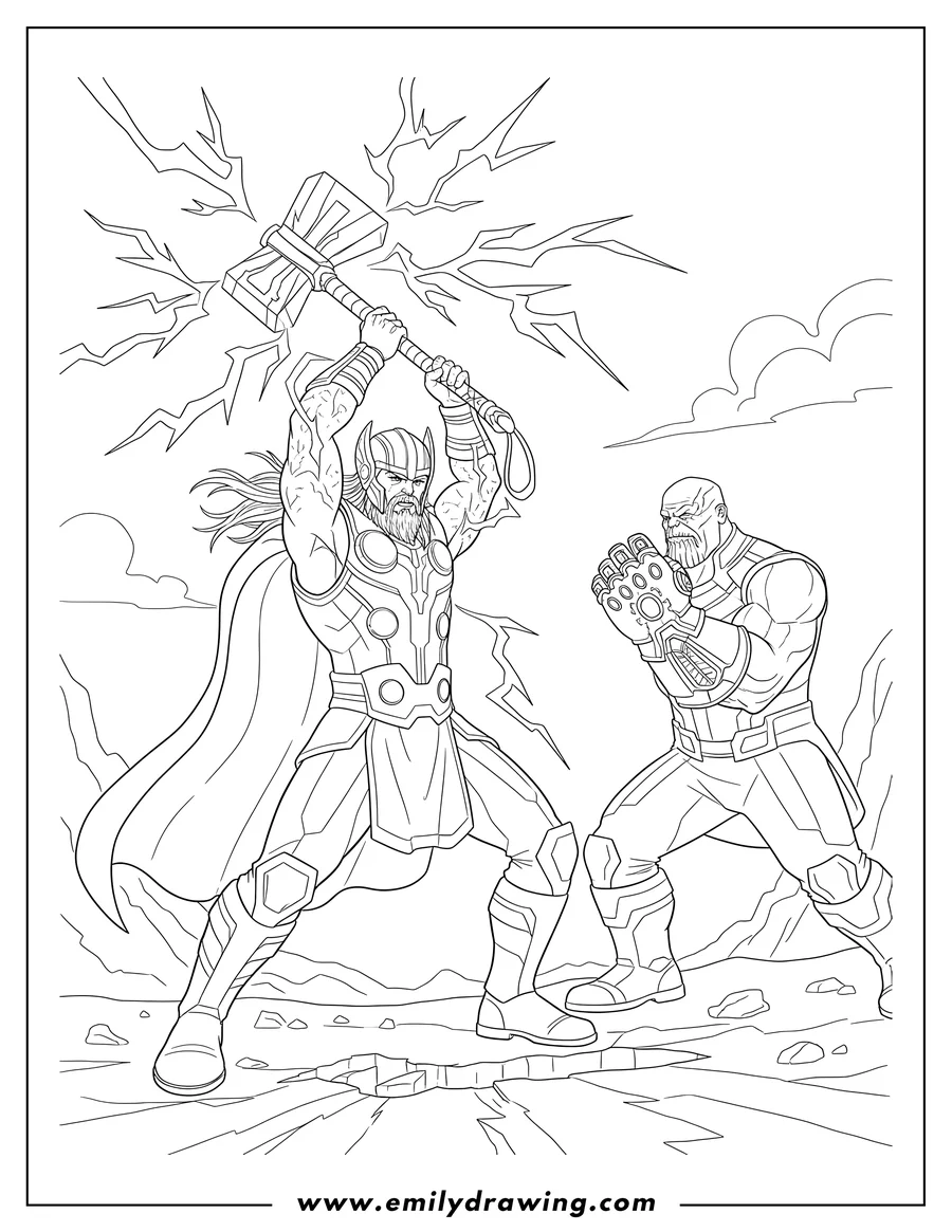 Printable line art of thor wielding Stormbreaker and lightning, about to strike Thanos wearing the Infinity Gauntlet