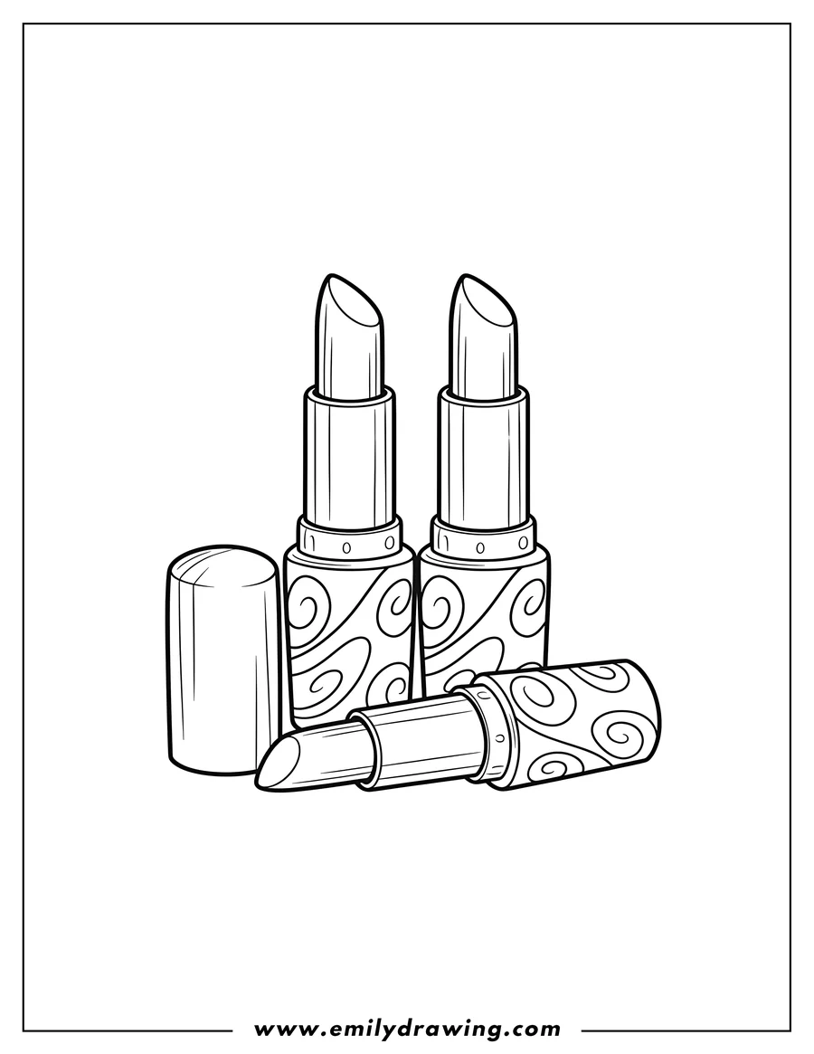 Full page coloring image of three Lipstick Tubes, two standing and one lying down, with caps removed and the lipstick visible