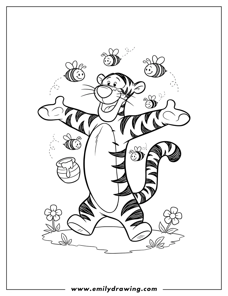 High quality printable tigger standing and smiling with bees flying around him for coloring