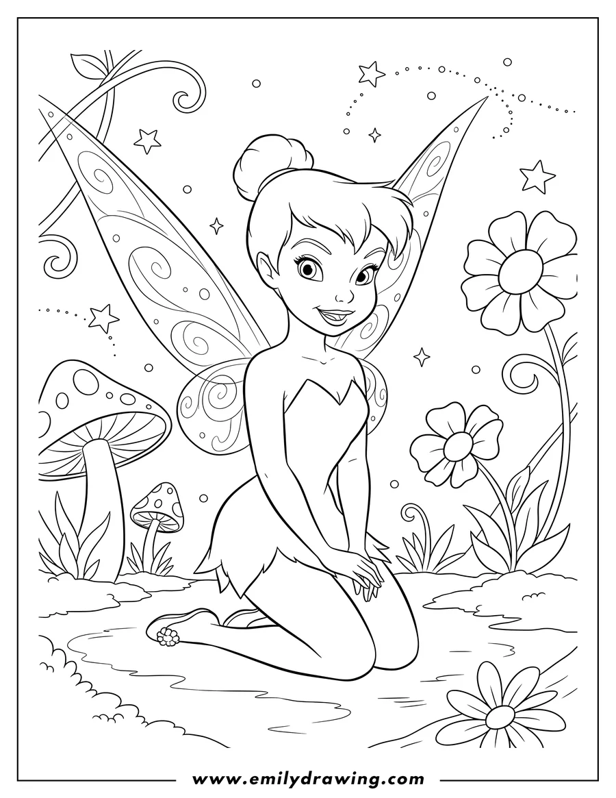 Simple sketch of tinker Bell kneeling and smiling in a forest to color