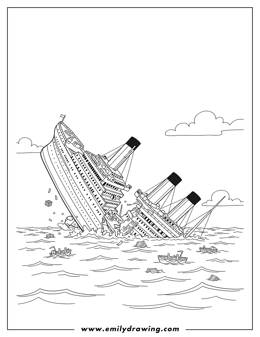 PDF style coloring page: titanic breaking into two pieces and sinking with its stern high