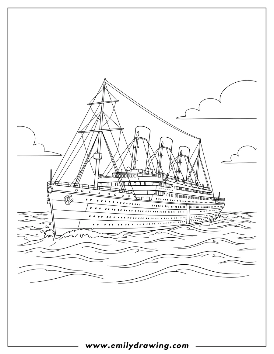 Clean line drawing: titanic Ship Scaled, sailing on the ocean, with its four funnels and prominent masts