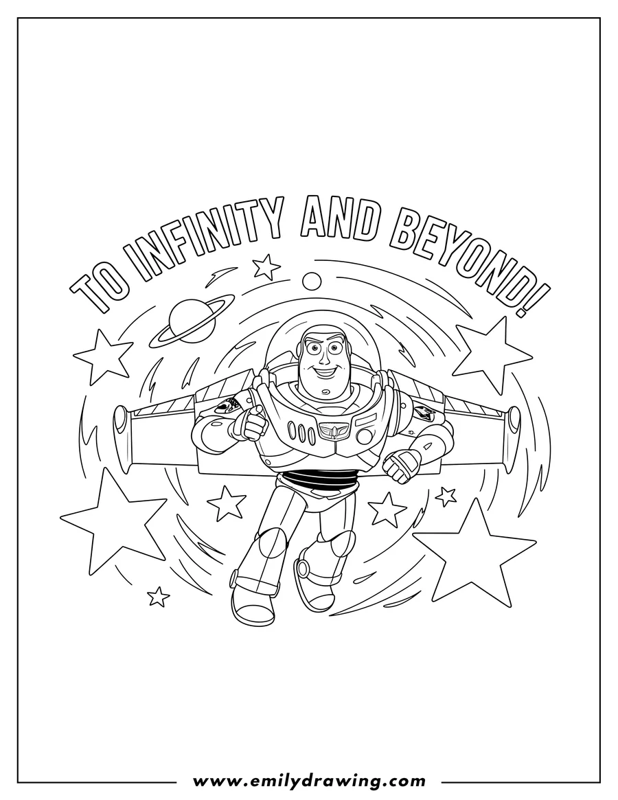 Coloring sheet featuring to Infinity And Beyond Scaled, Buzz Lightyear flying with extended wings