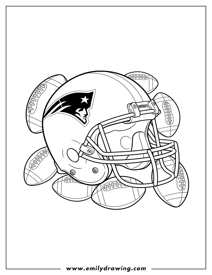 Printable coloring page of tom Brady's football helmet with a Patriots logo, surrounded by footballs