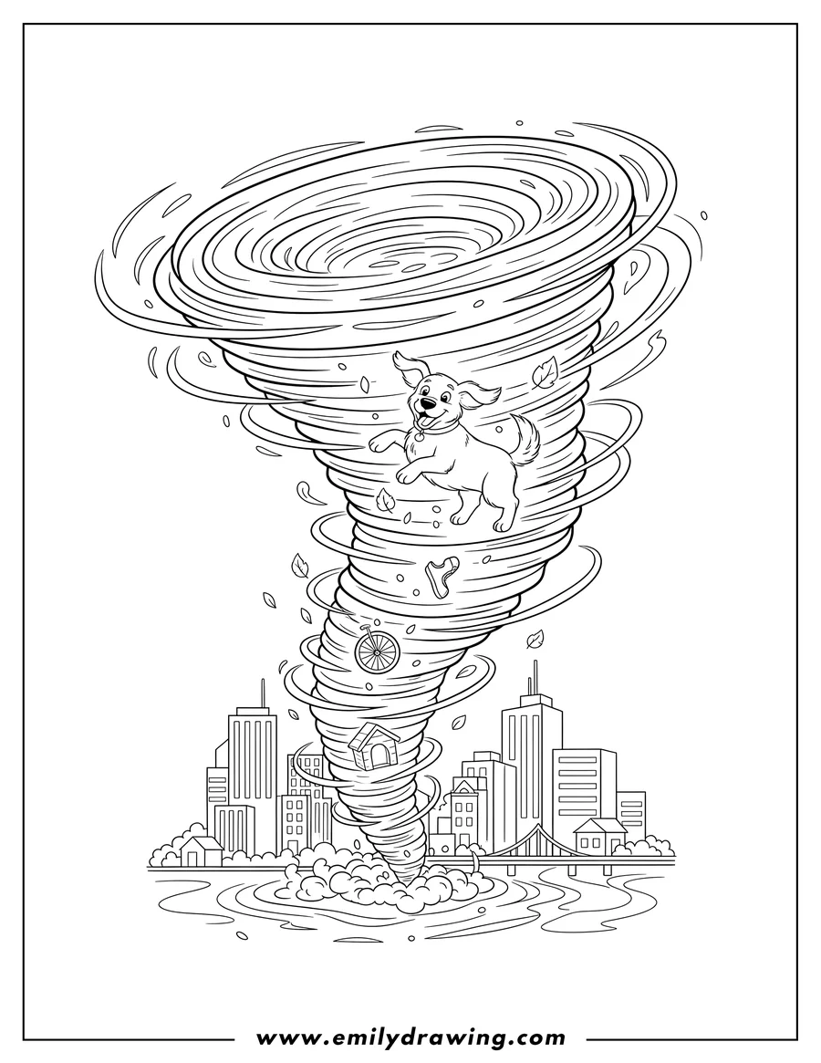Outline drawing of tornado passing through city pulling a dog and debris into its funnel