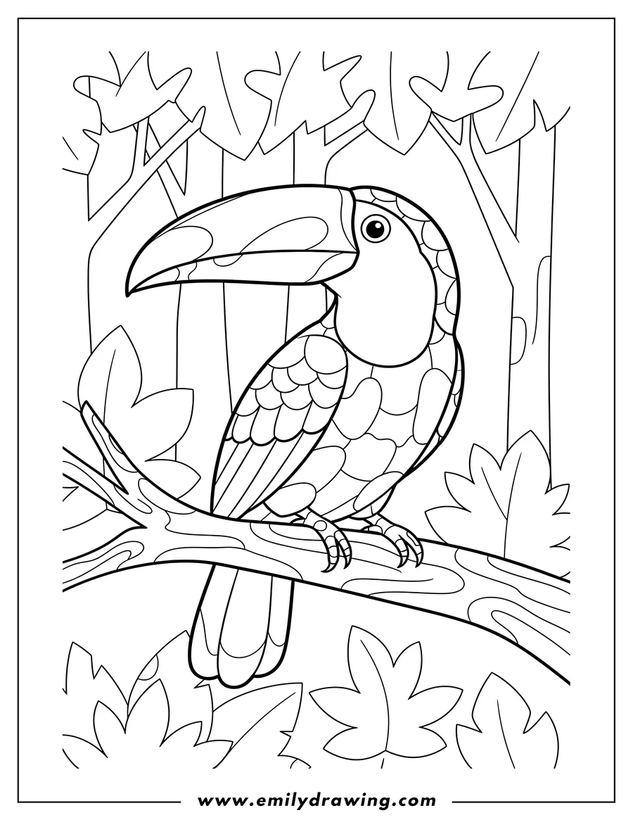 Free to print drawing of toucan Forest Mosaic, perched on a branch