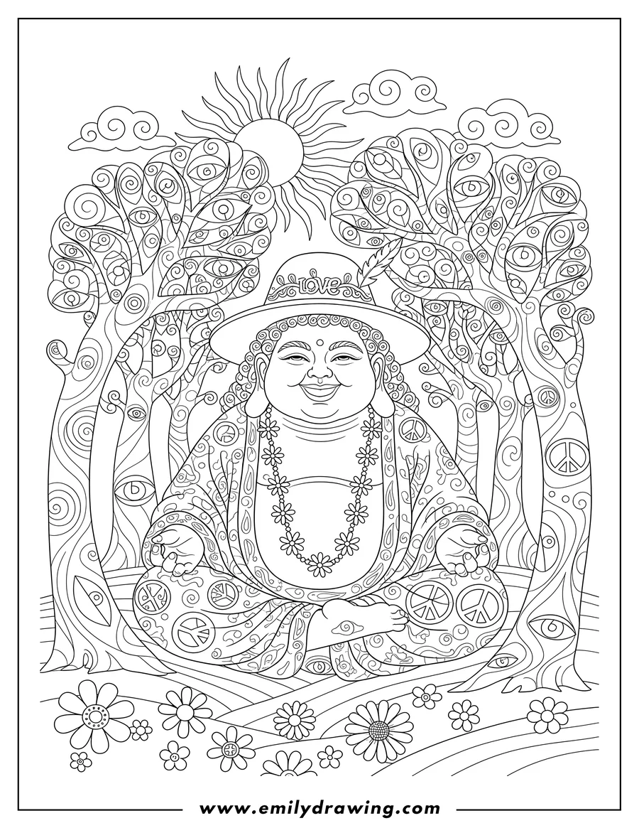 Printable coloring page of trippy Buddha Hippie Sheetv2, meditating, surrounded by trees with many eyes