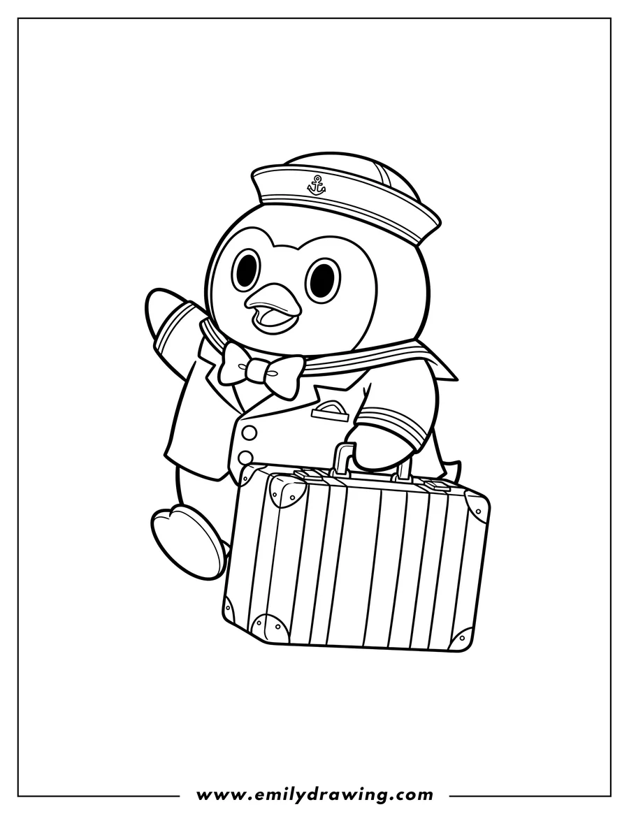 Black and white line art of tuxedo Sam wearing a sailor hat, looking surprised, and carrying a striped suitcase