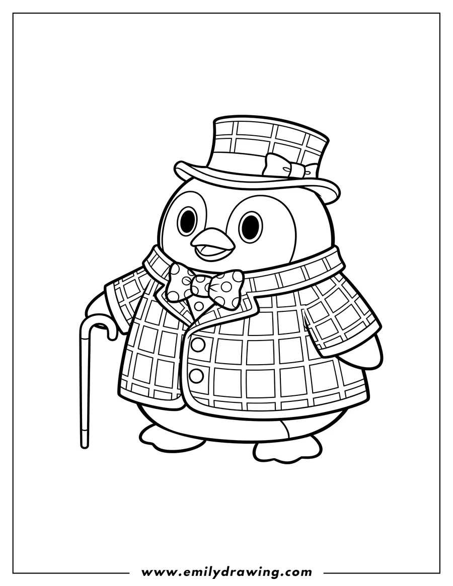 Downloadable coloring page of tuxedo Sam Plaid Coat And Hat With Polka Dot Bowtie holding a cane