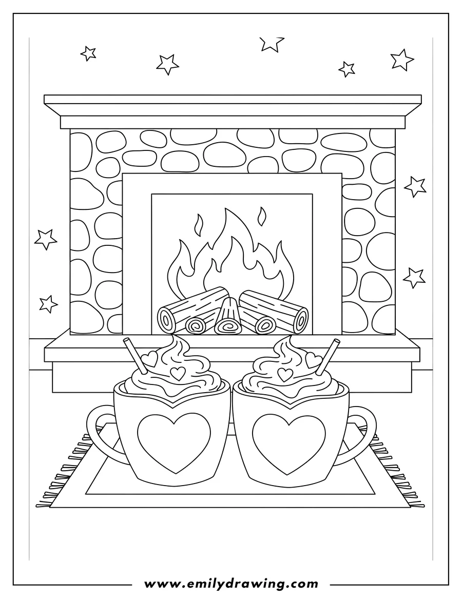 Coloring page for kids: two Cups Hot Chocolate with whipped cream and heart-shaped mugs Front Fireplace