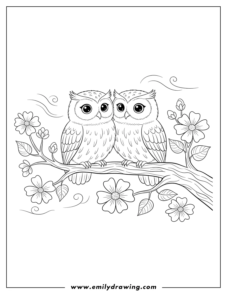 High quality printable two cute realistic owls perched side-by-side on a tree branch with flowers and leaves for coloring