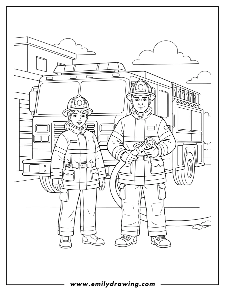 Full page coloring image of two firefighters, a man and a woman, wearing helmets and bunker gear, looking forward in front of a fire truck