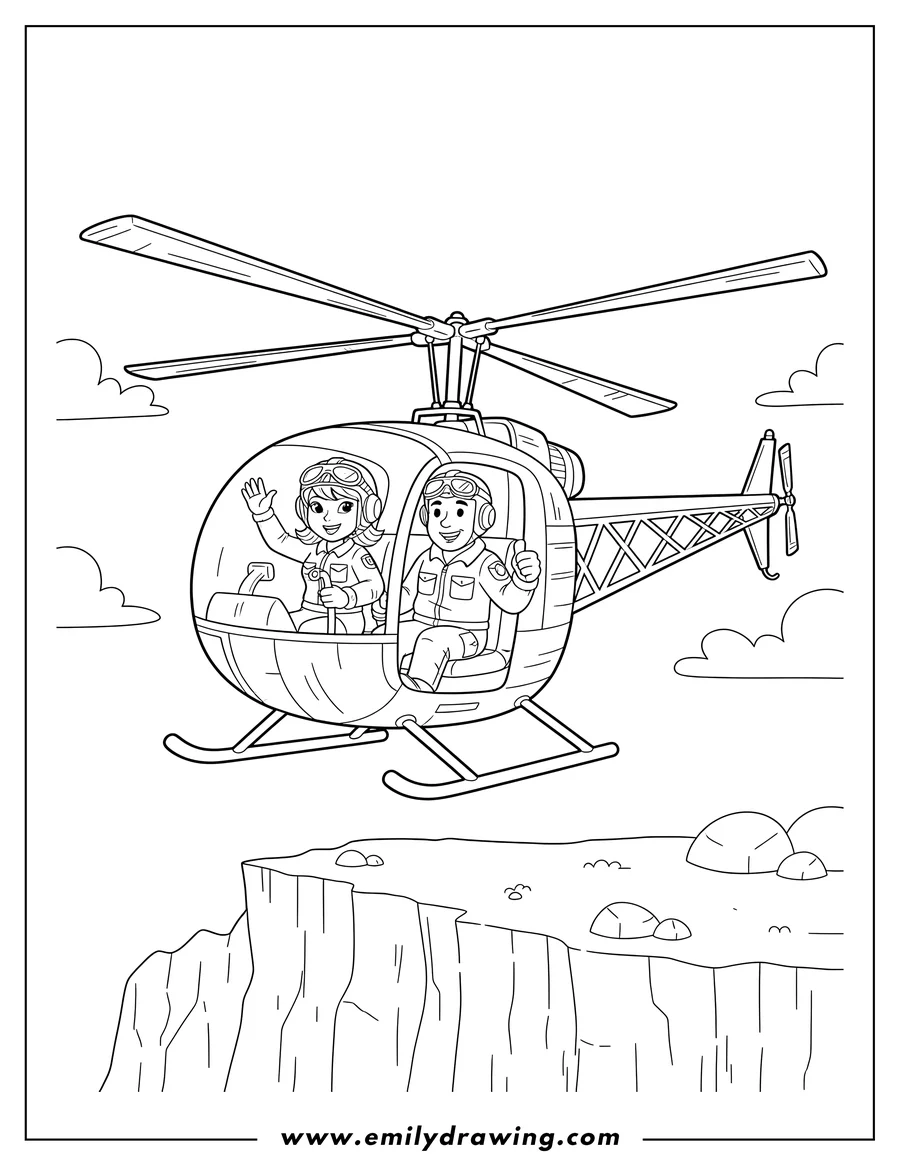 Downloadable coloring page of two pilots flying a Bell 47 helicopter hovering over a cliff