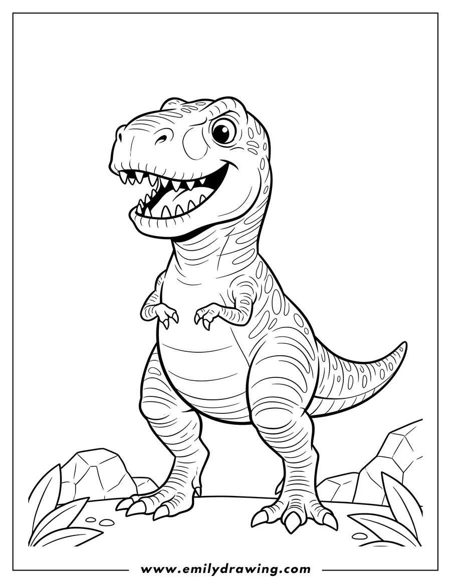 Printable line art of smiling Tyrannosaurus Rex Scaled, full body, standing