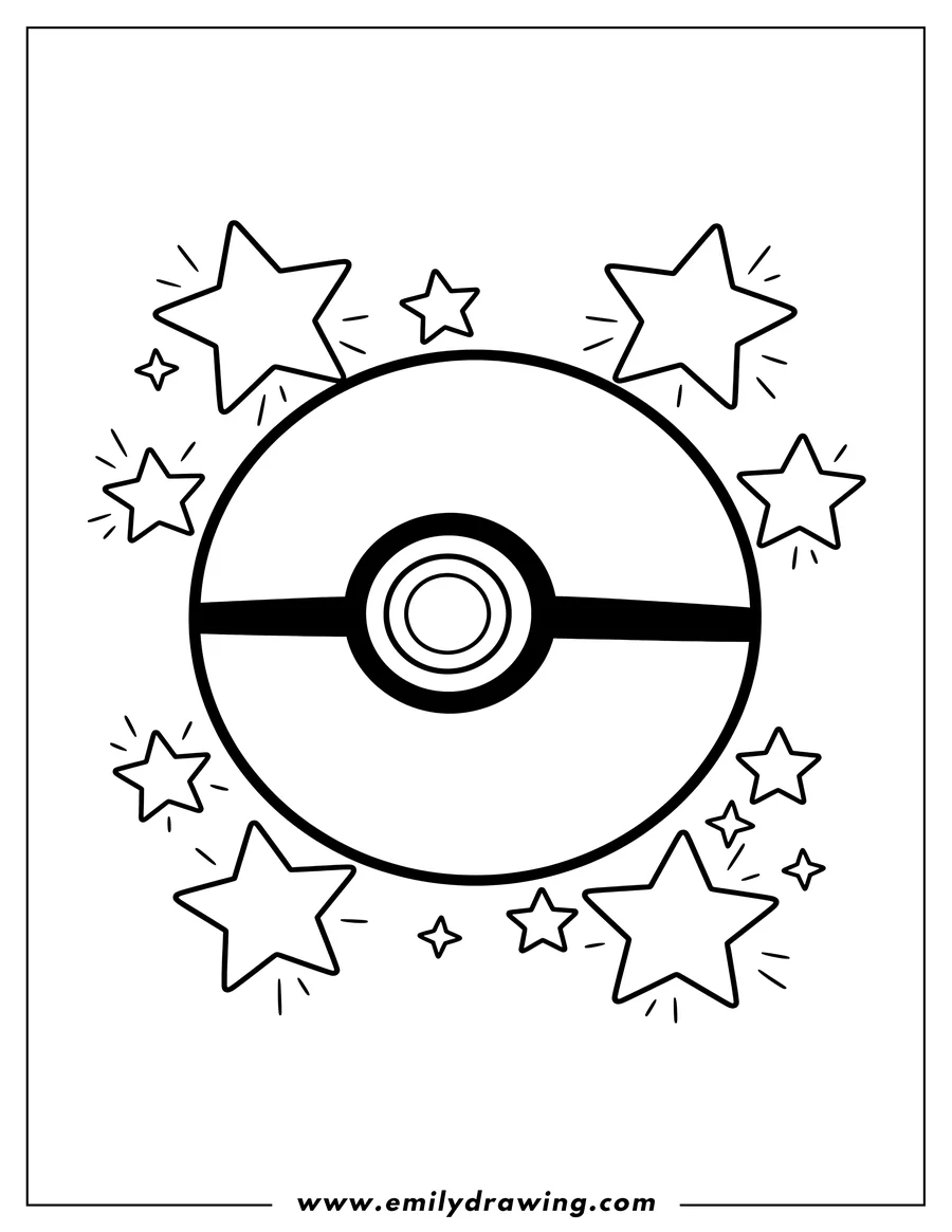 Doodle style coloring picture of ultra-simple Pokeball coloring page for preschoolers, surrounded by sparkling stars