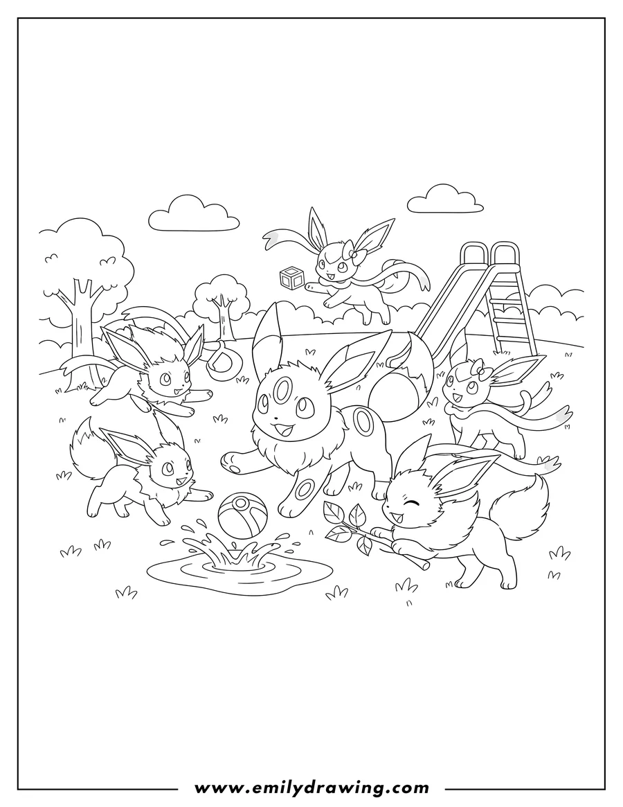 Downloadable coloring page of umbreon With All Eevee Evolutions playing together
