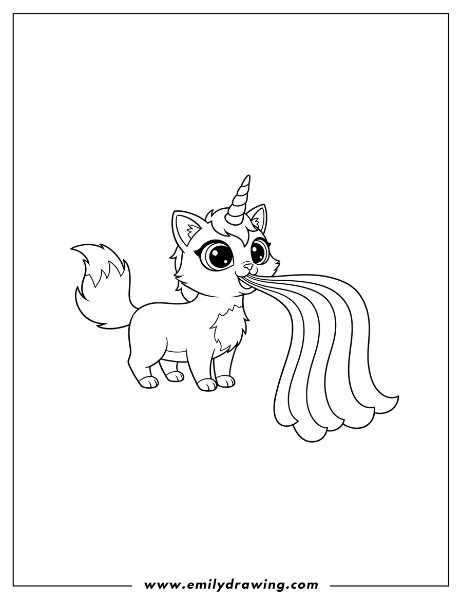 Linear illustration of unicorn cat with large eyes vomiting wavy rainbow lines