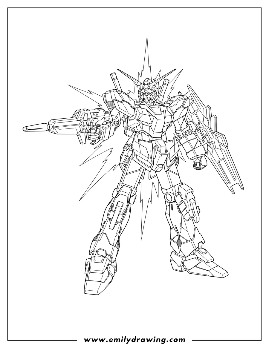 Coloring page of unicorn Gundam standing in a powerful pose