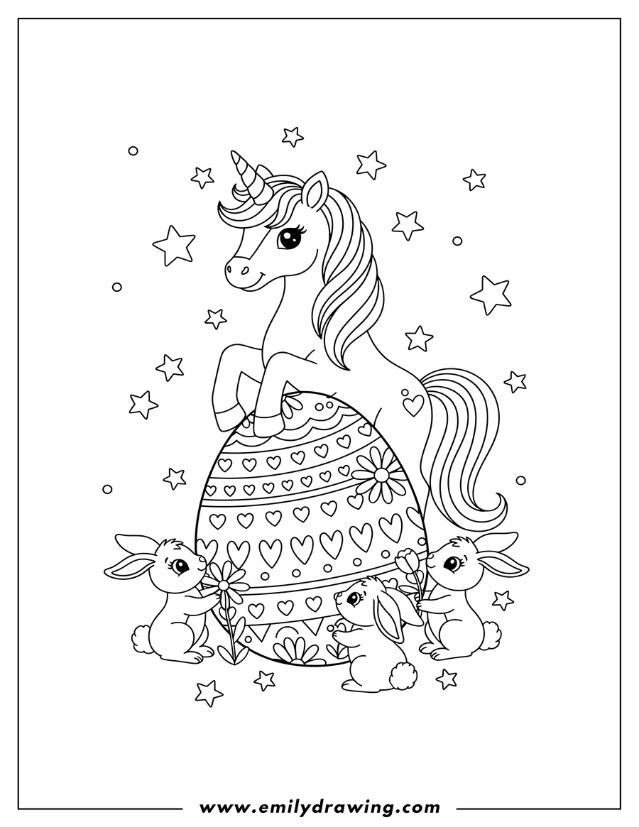 Full page coloring image of unicorn with one hoof lifted, standing on a decorated Easter egg with flowers and hearts, surrounded by cute bunnies and stars