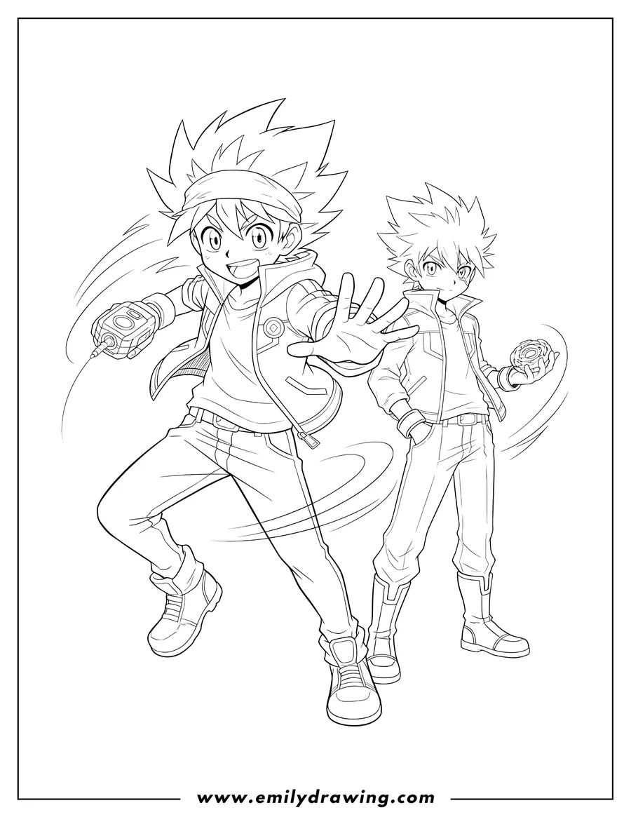 Clean line drawing: valt Aoi and Shu Kurenai from Beyblade Burst, with Valt holding a launcher