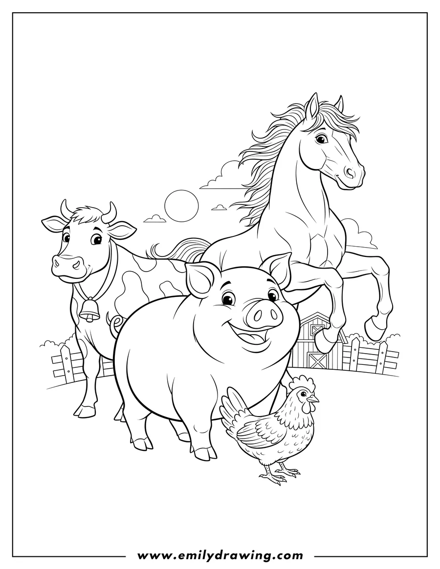 Downloadable coloring page of various Farm Animals To Color, featuring a pig, cow, horse, and chicken