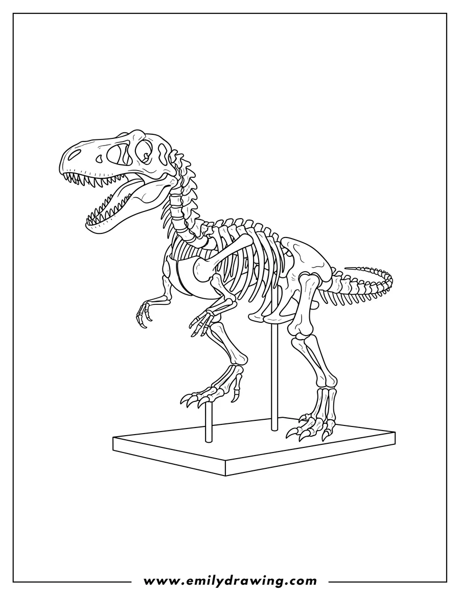 Coloring page of velociraptor Skeleton Scaled standing on a display stand