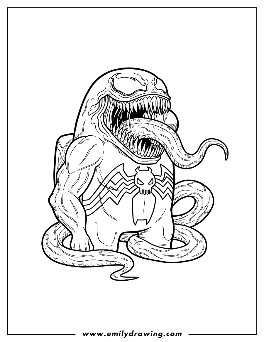 Doodle style coloring picture of venom Among Us character with sharp teeth, a long tongue, and a spider emblem
